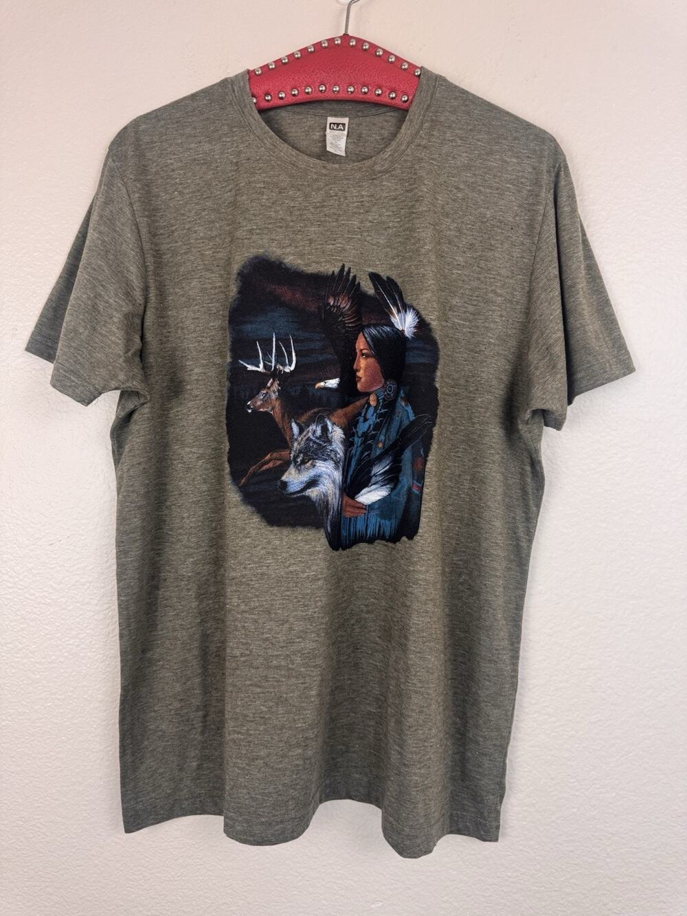 Next Level Apparel Graphic Tee Indian Woman Wolf Eagle Deer Olive Green XL